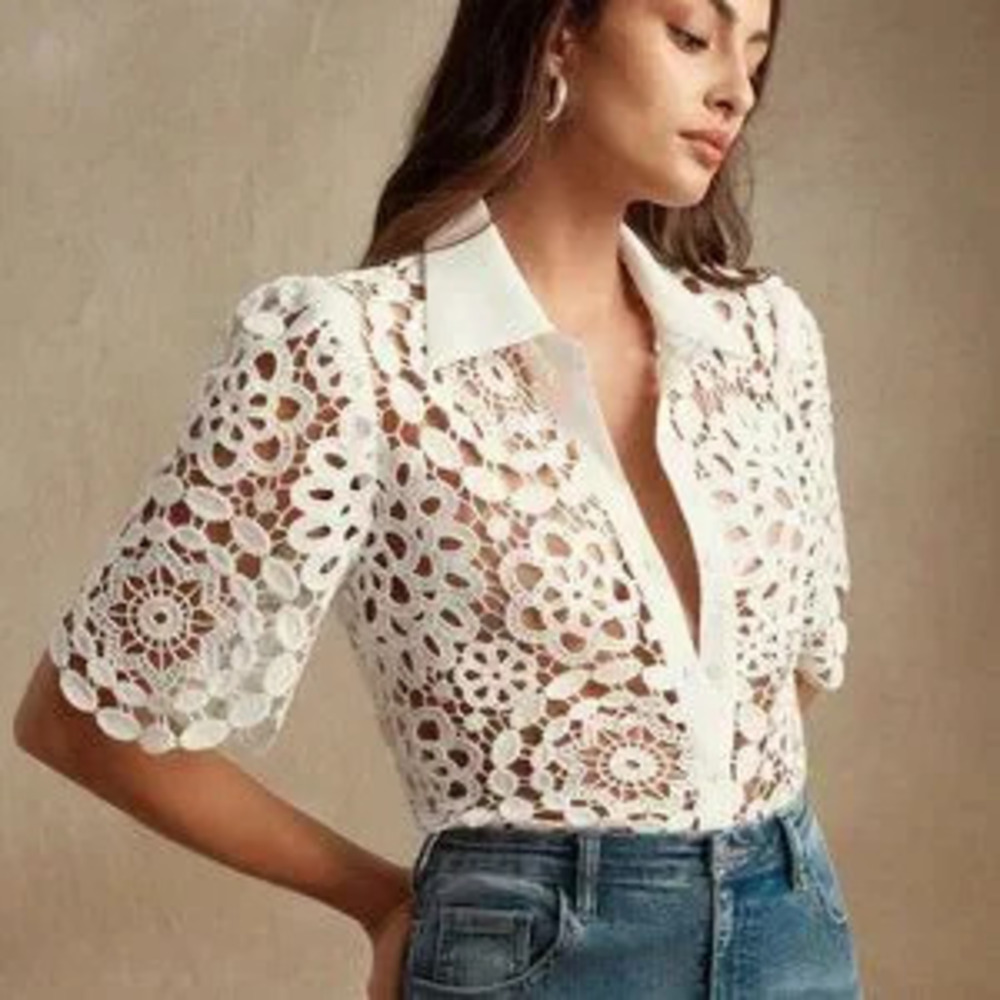 ZARA white chic womens Elegant Floral Hollow-Out Lace Blouse - Picture 6 of 7
